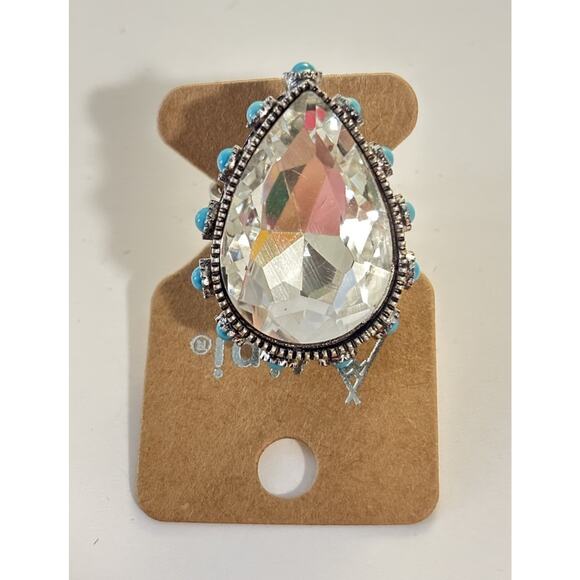 Teardrop Crystal Statement Ring with Turquoise Bead Accents - Picture 3 of 4